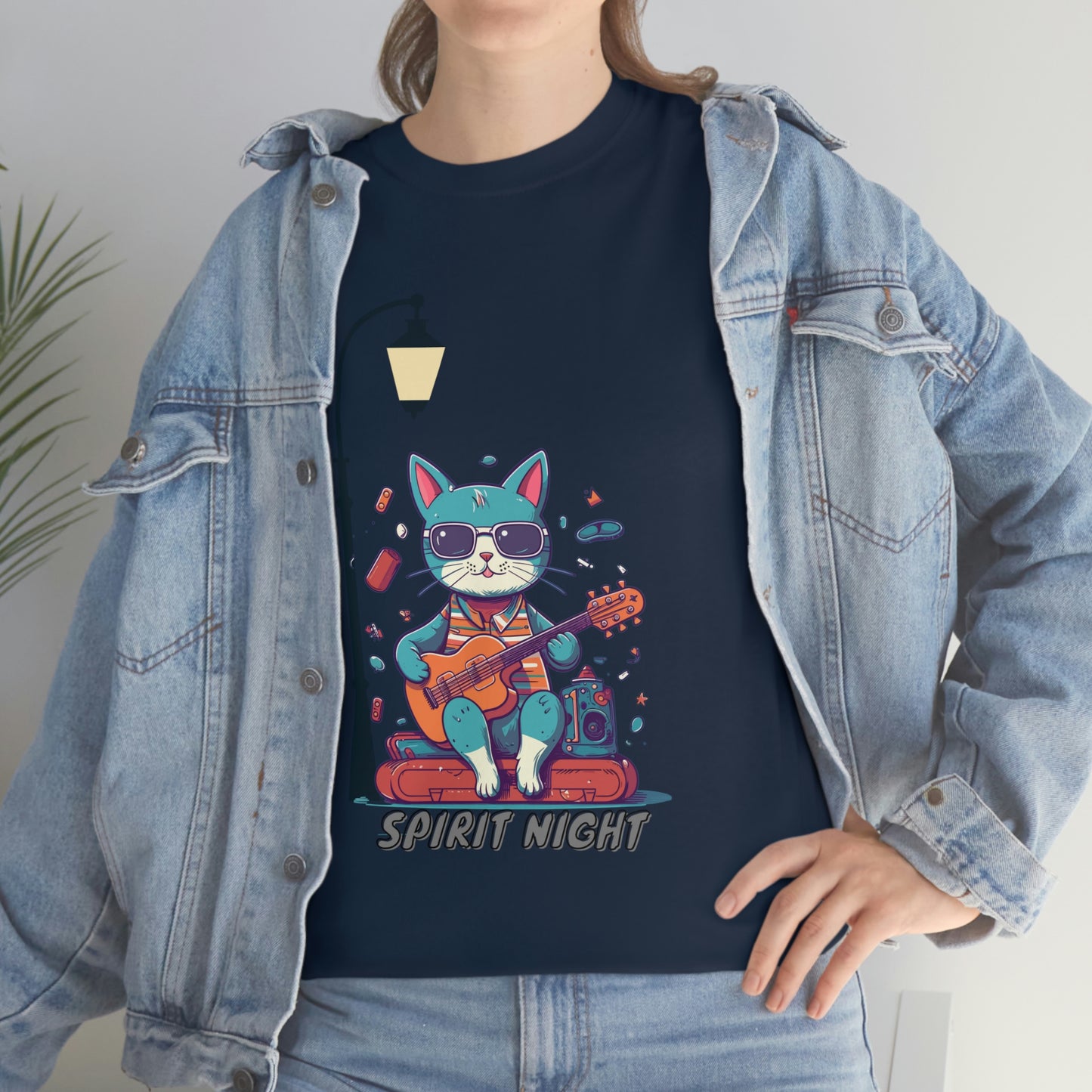 Feline Frenzy: Spirit Night with Cat and Guitar Unisex Tee